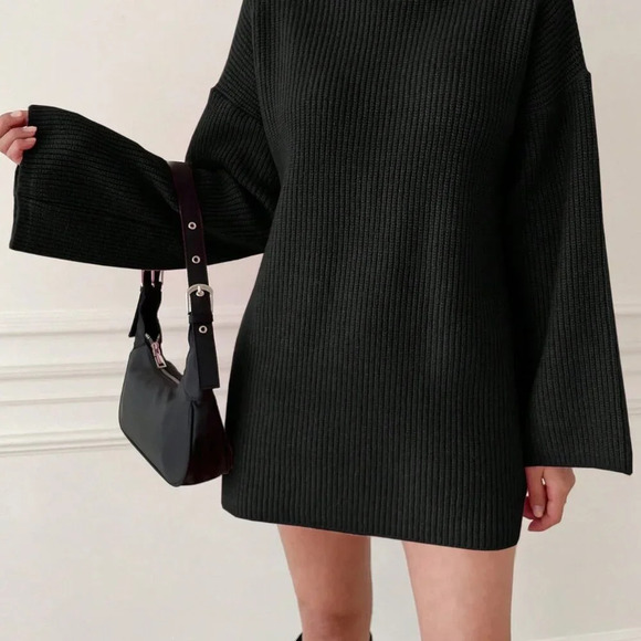 Black Casual Women's High Neck Drop Shoulder Sleeve Sweater - Picture 5 of 5